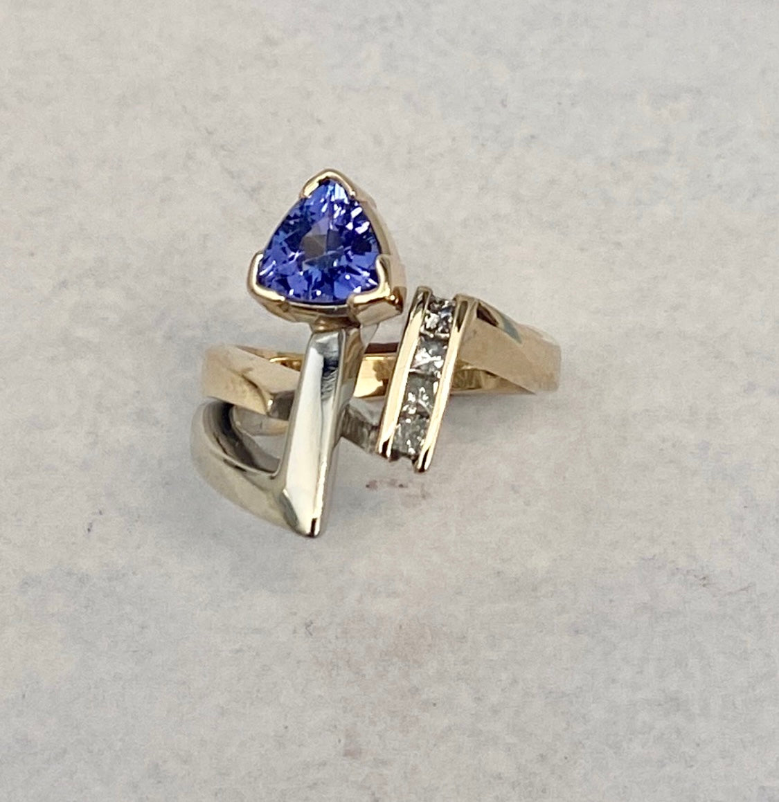 Trilliant-Cut Yellow Gold Tanzanite ring accented with Diamonds