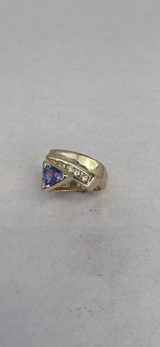 Trilliant-Cut Yellow Gold Tanzanite ring accented with Diamonds