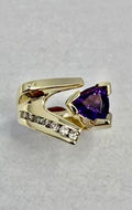 Trilliant-Cut Yellow Gold Amethyst ring accented with Full-Cut Round Diamonds